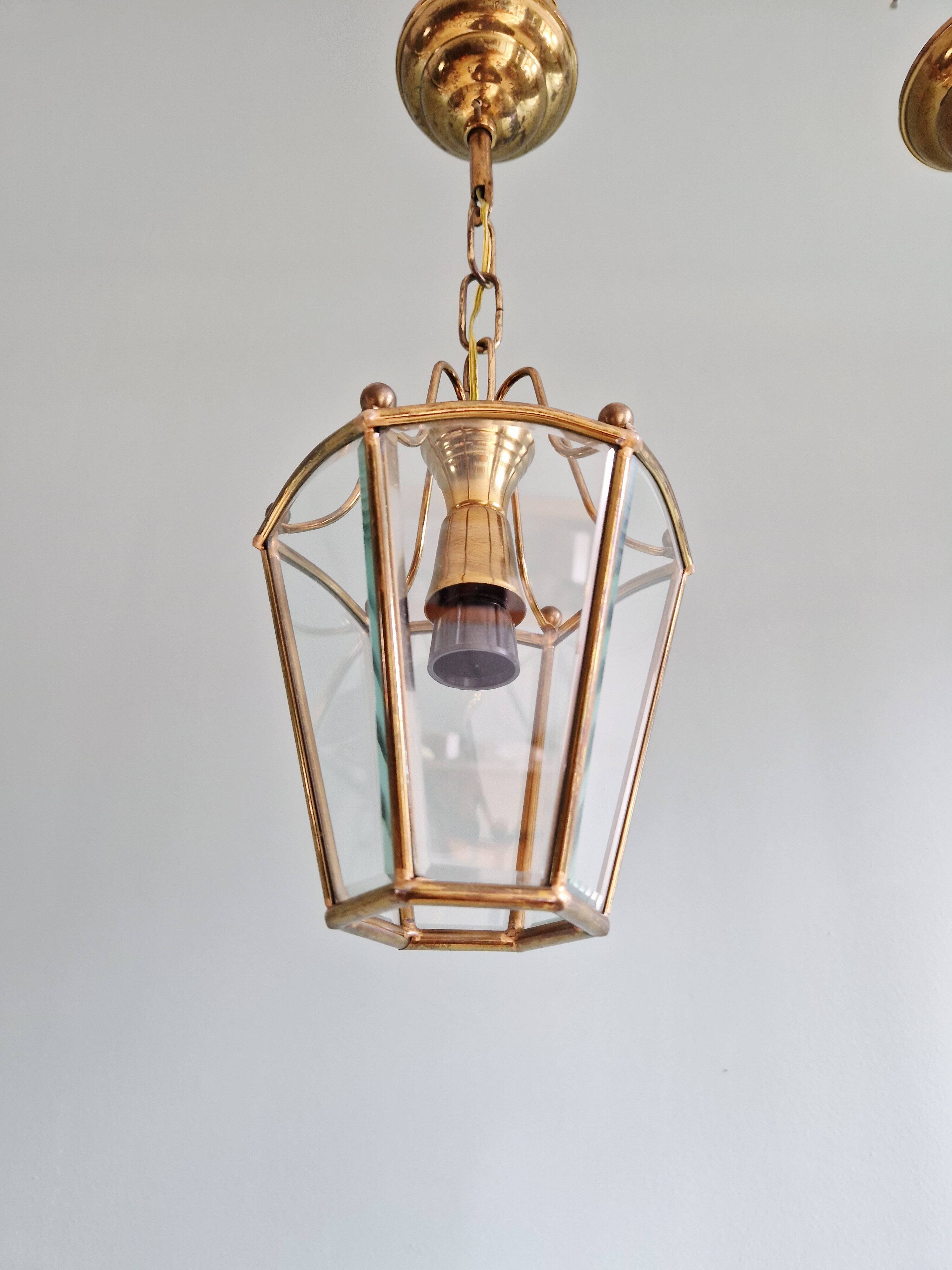 Pair of brass and bevelled glass pendant lights/lanterns, 1950-60.