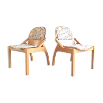 Paire fauteuils lounge Baumann bois courbé et tissus