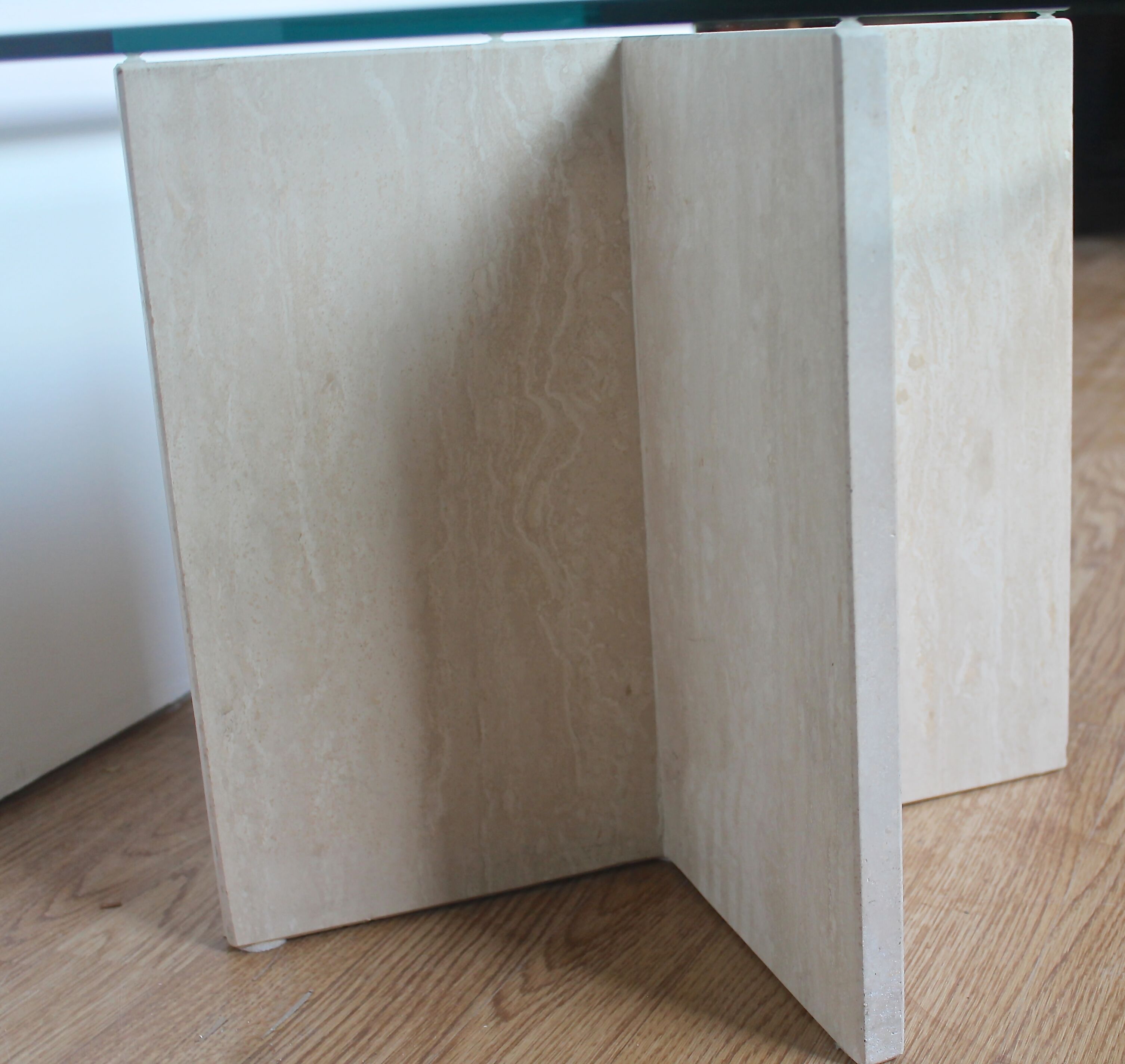 Table low vintage 70's travertine and beveled glass