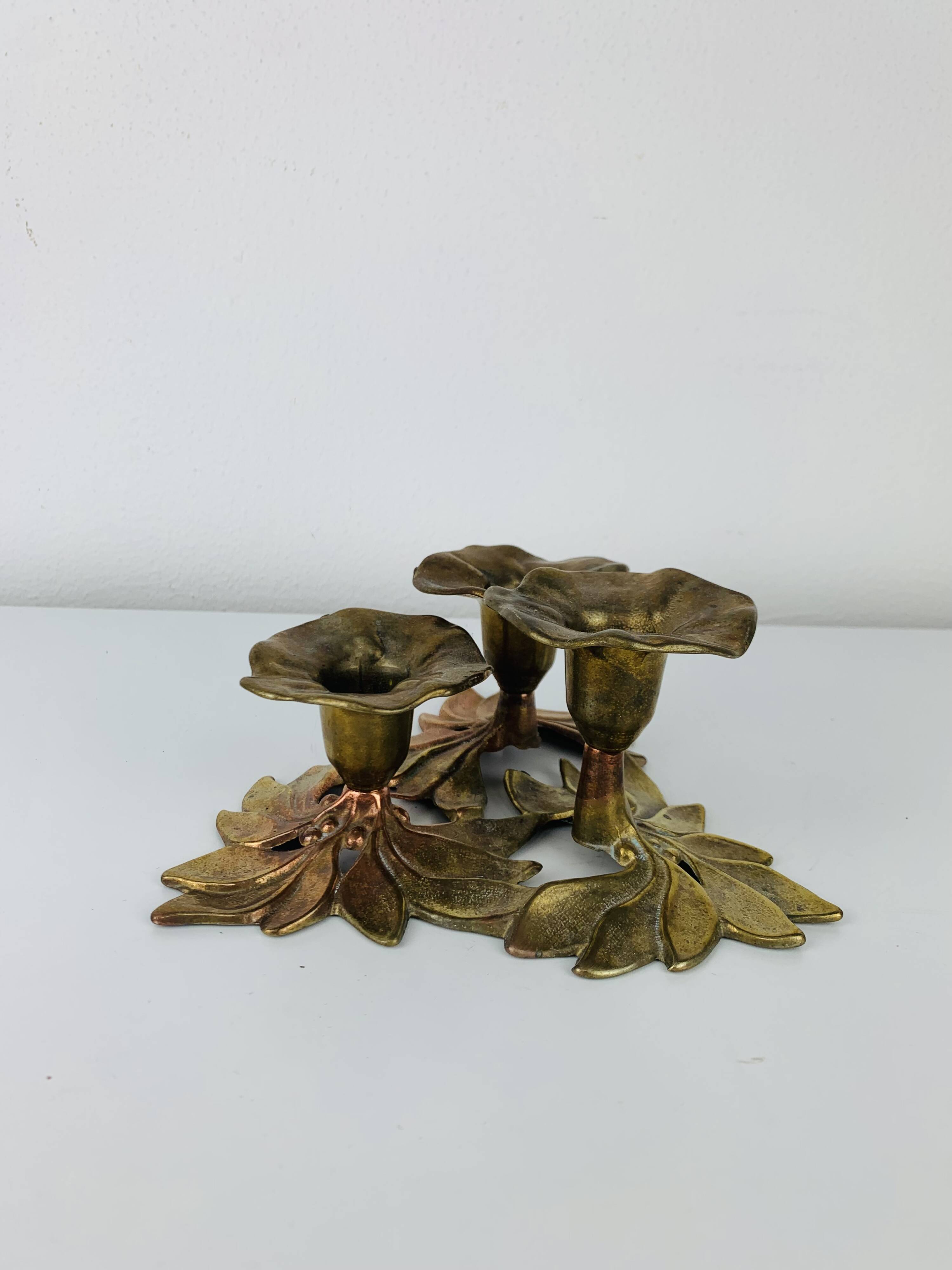 Bougeoir laiton trio de fleurs, vintage