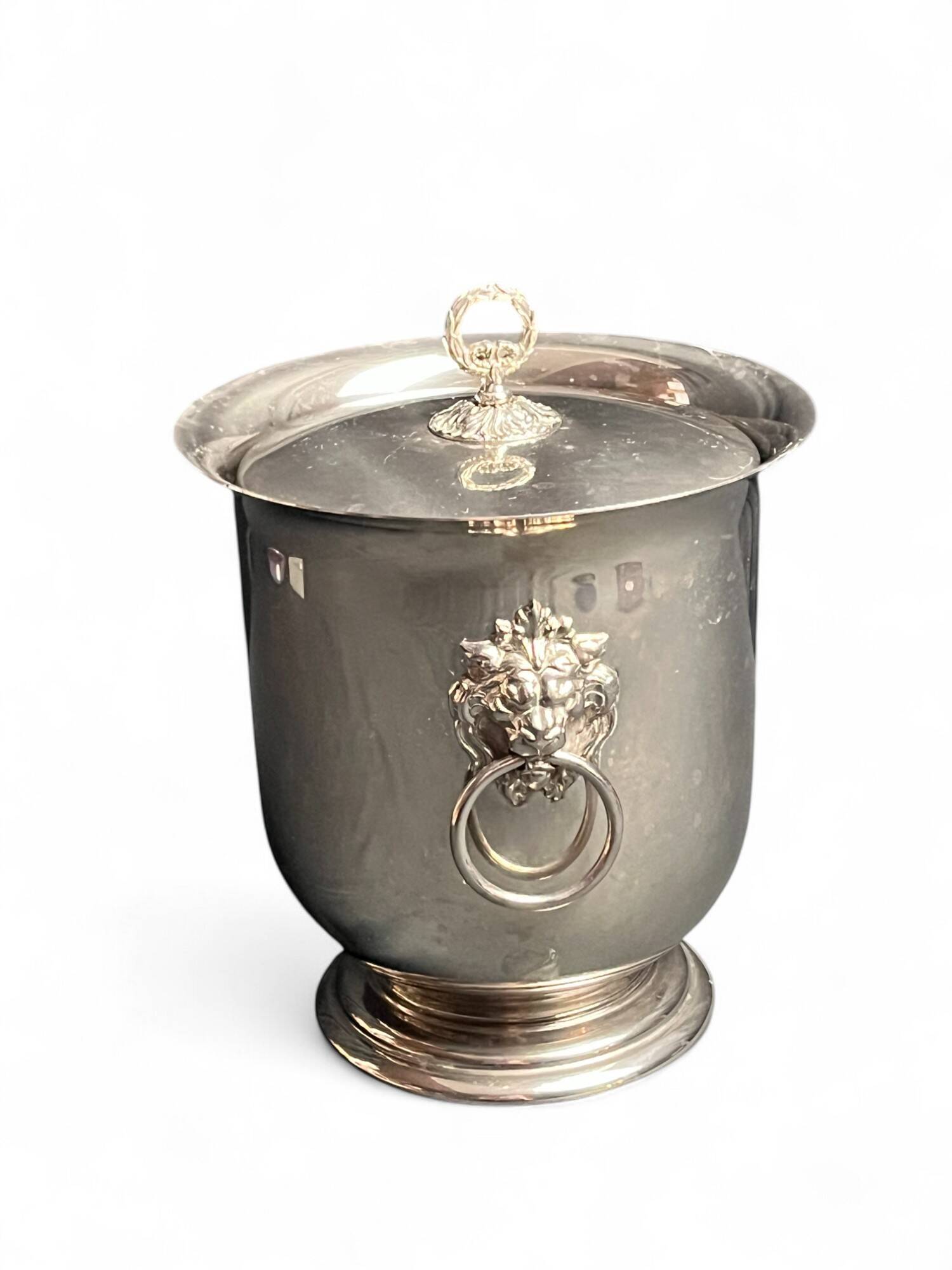 Tableware, Thermid silver metal ice bucket, glass bowl, lion handles X