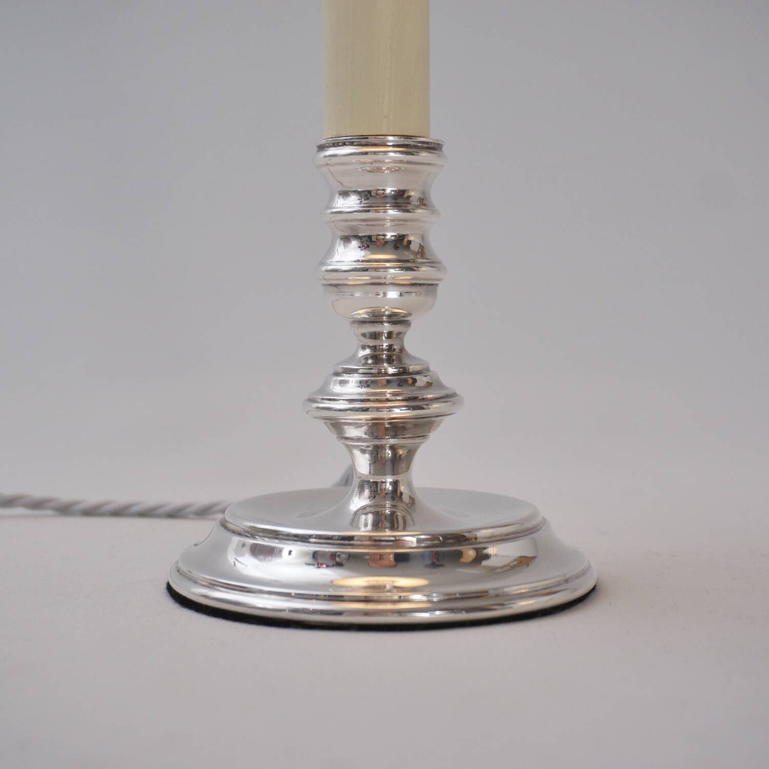Mappin & Webb vintage pair candlestick table lamps, silver plate, signed, 1980`s ca, English
