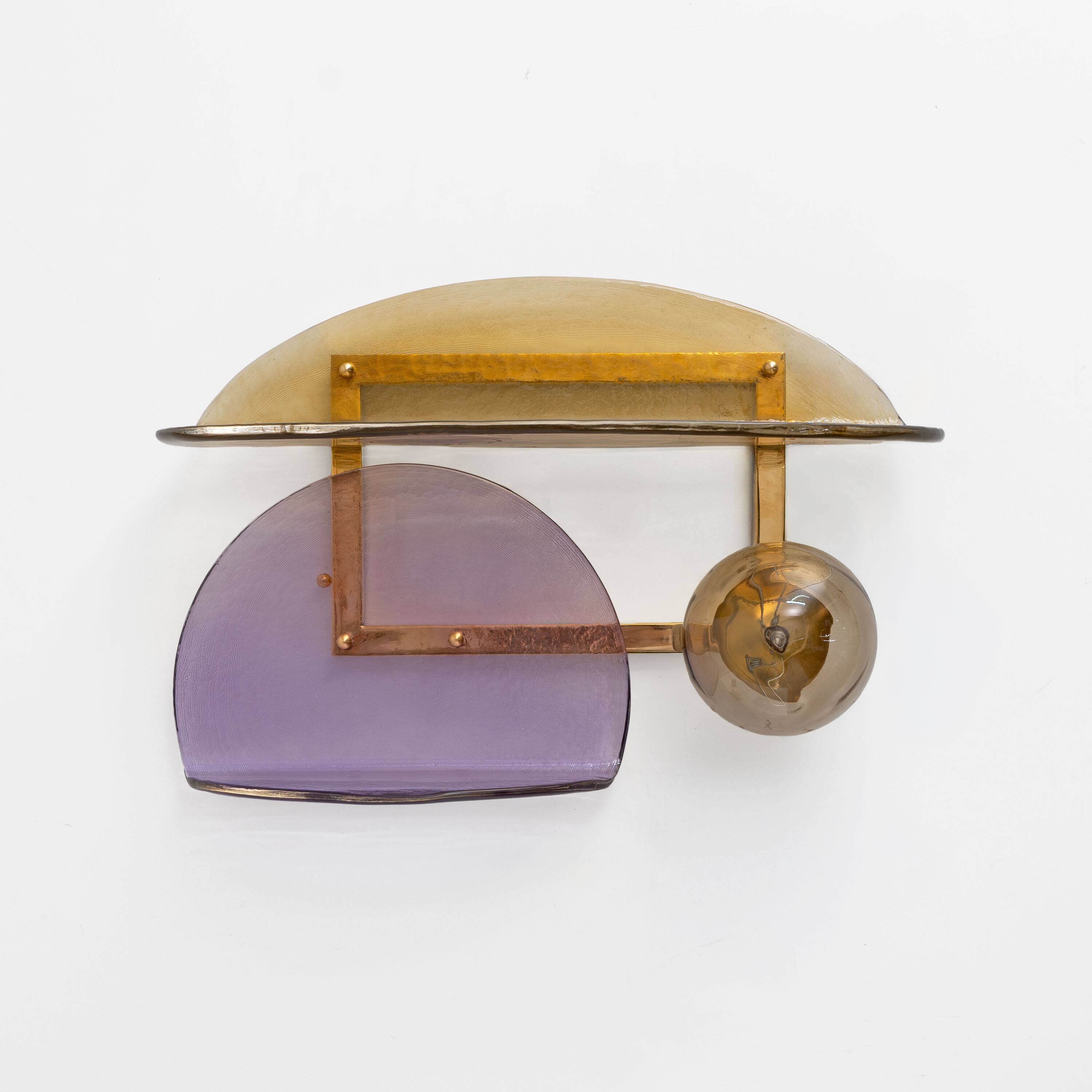 Architectural Pair of Sculptural Murano Glass and Brass Wall Sconces, Italy