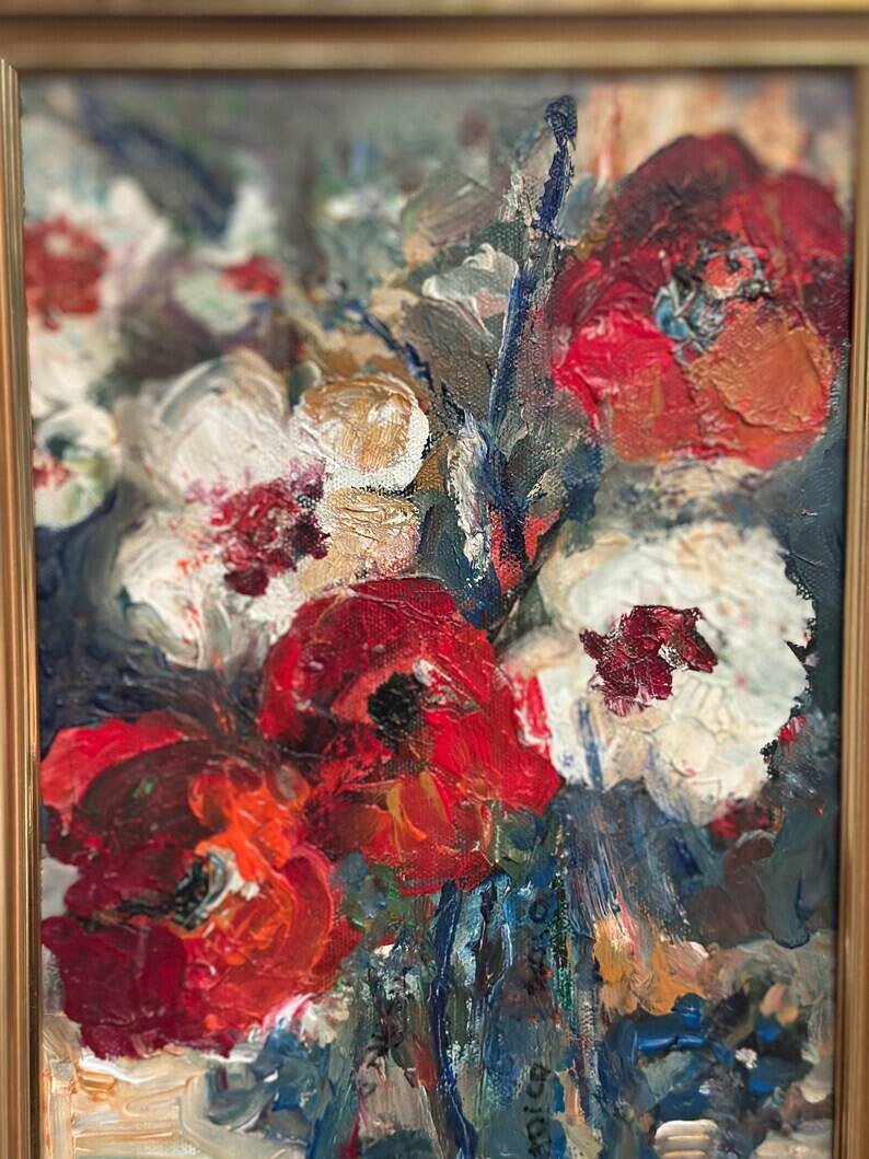 Swedish Oil on Canvas“Red Poppies and White Blossoms” by L. Stokes, Vintage