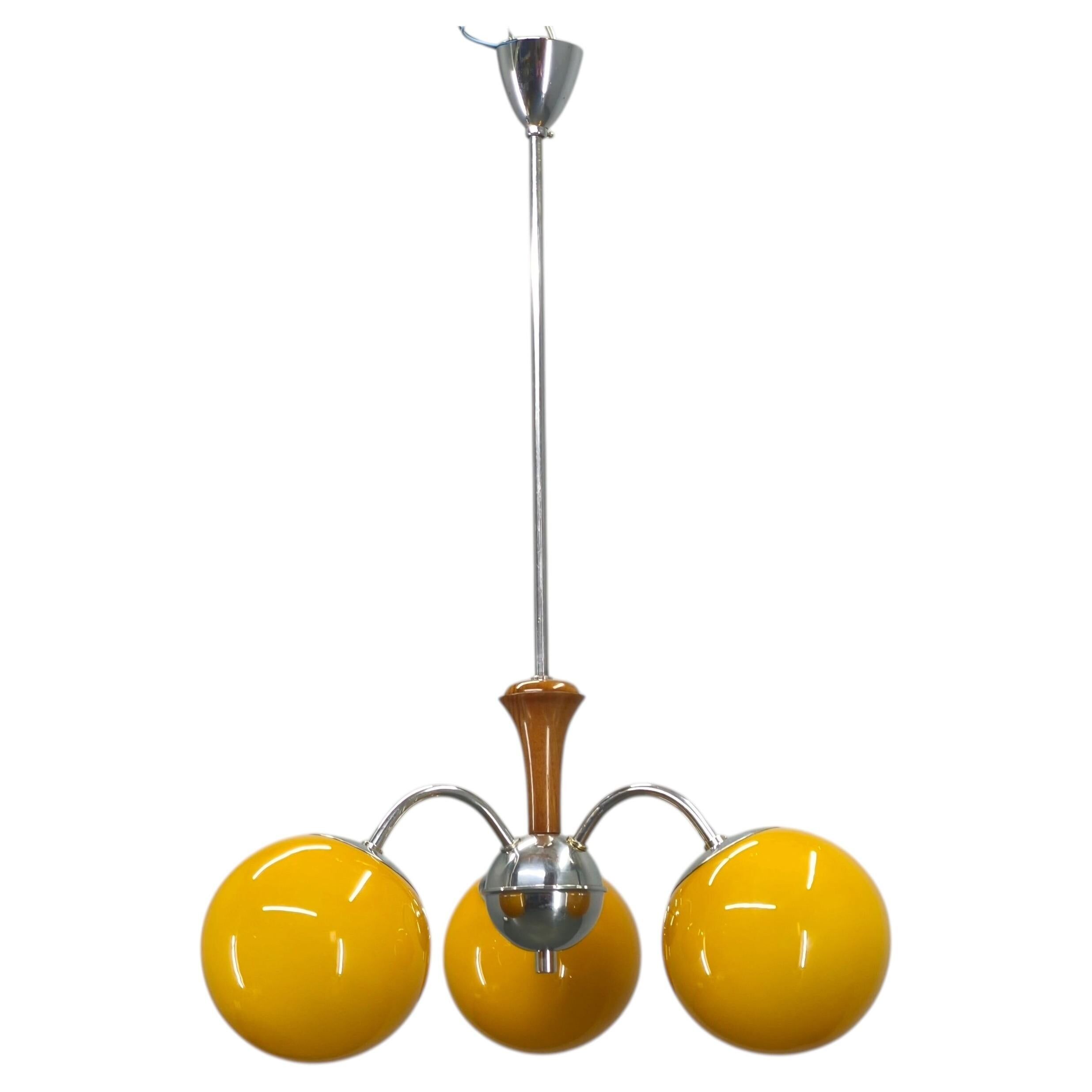 Bauhaus Chandelier with Colored Glass Globes, Czechoslovakia, 1930s