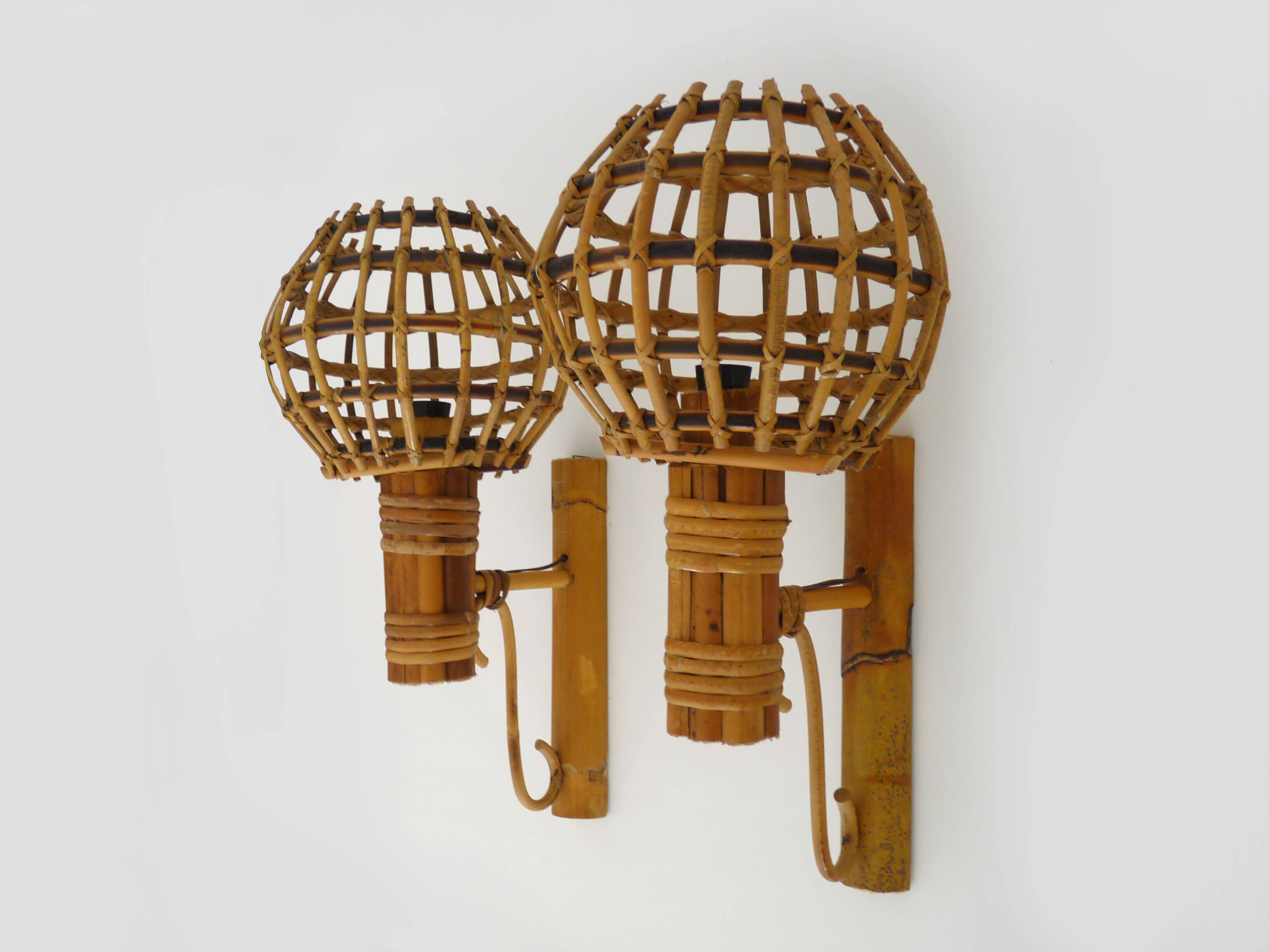 Pair of bamboo rattan lantern wall lights. 50s 60s