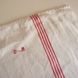 Old Lin towel, 4 red stripes, MG monogram, handmade