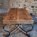 Vintage French coffee table from the 1960s – Rustic pine coffee table with a black iron base.