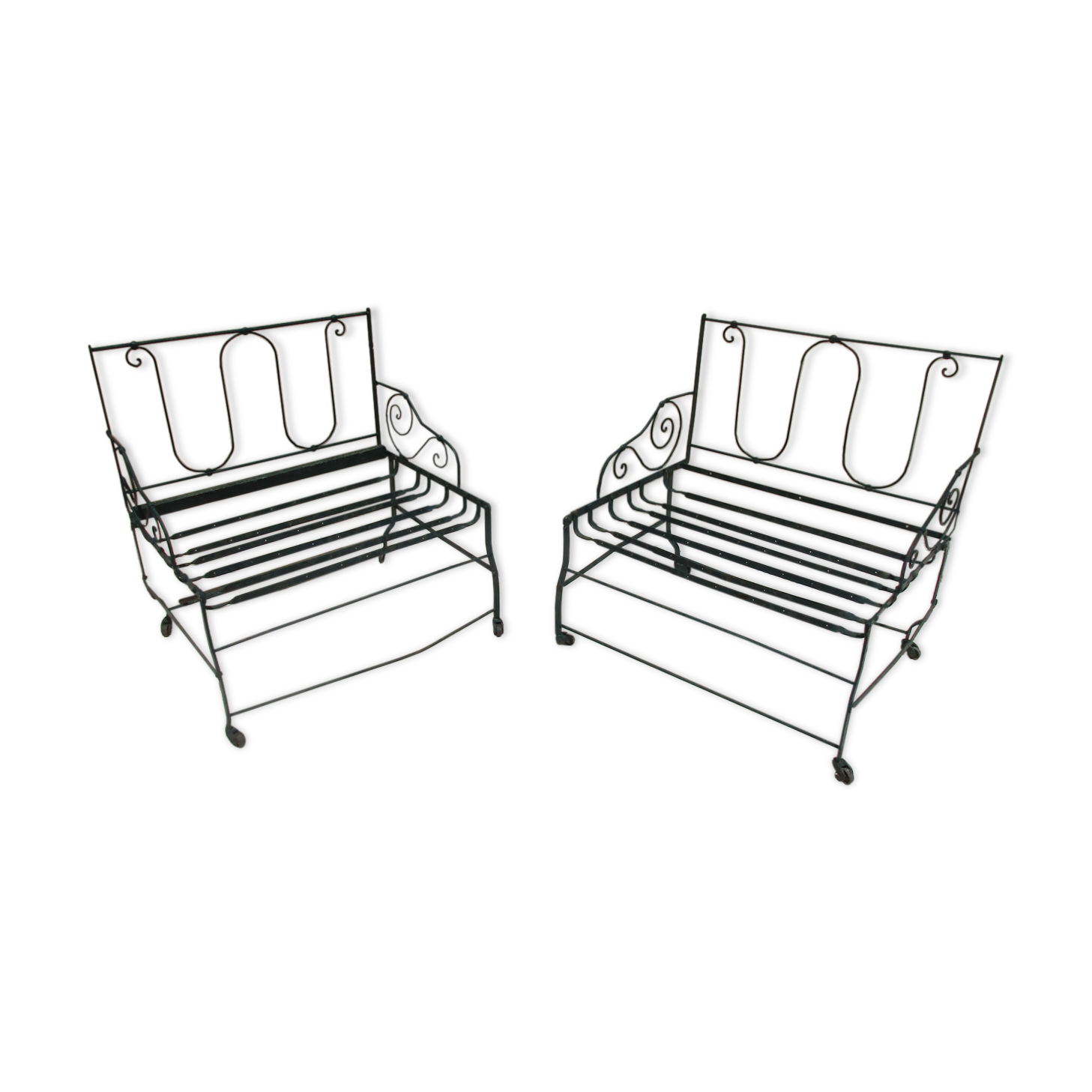 Pair of iron garden chairs forge