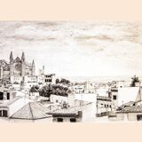 Description of a panoramic view of Mallorca. mallorca drawing. cuadro mallorca.
