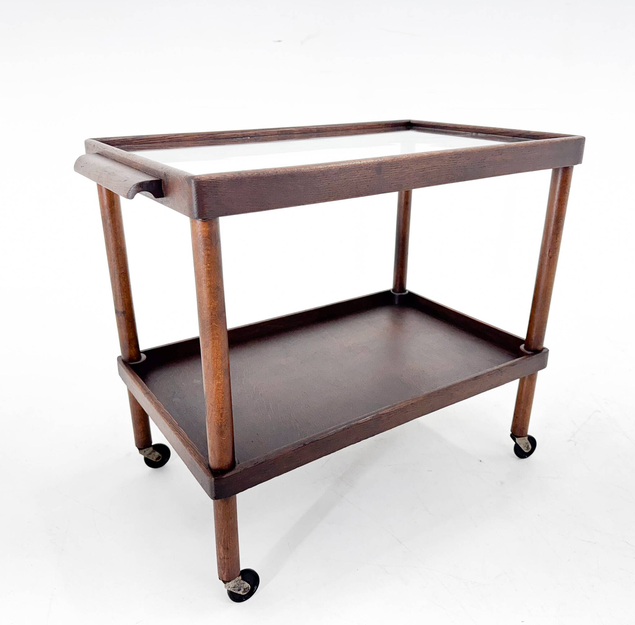 Chariot de Bar Art Déco en Bois avec Plateau en Verre, 1920