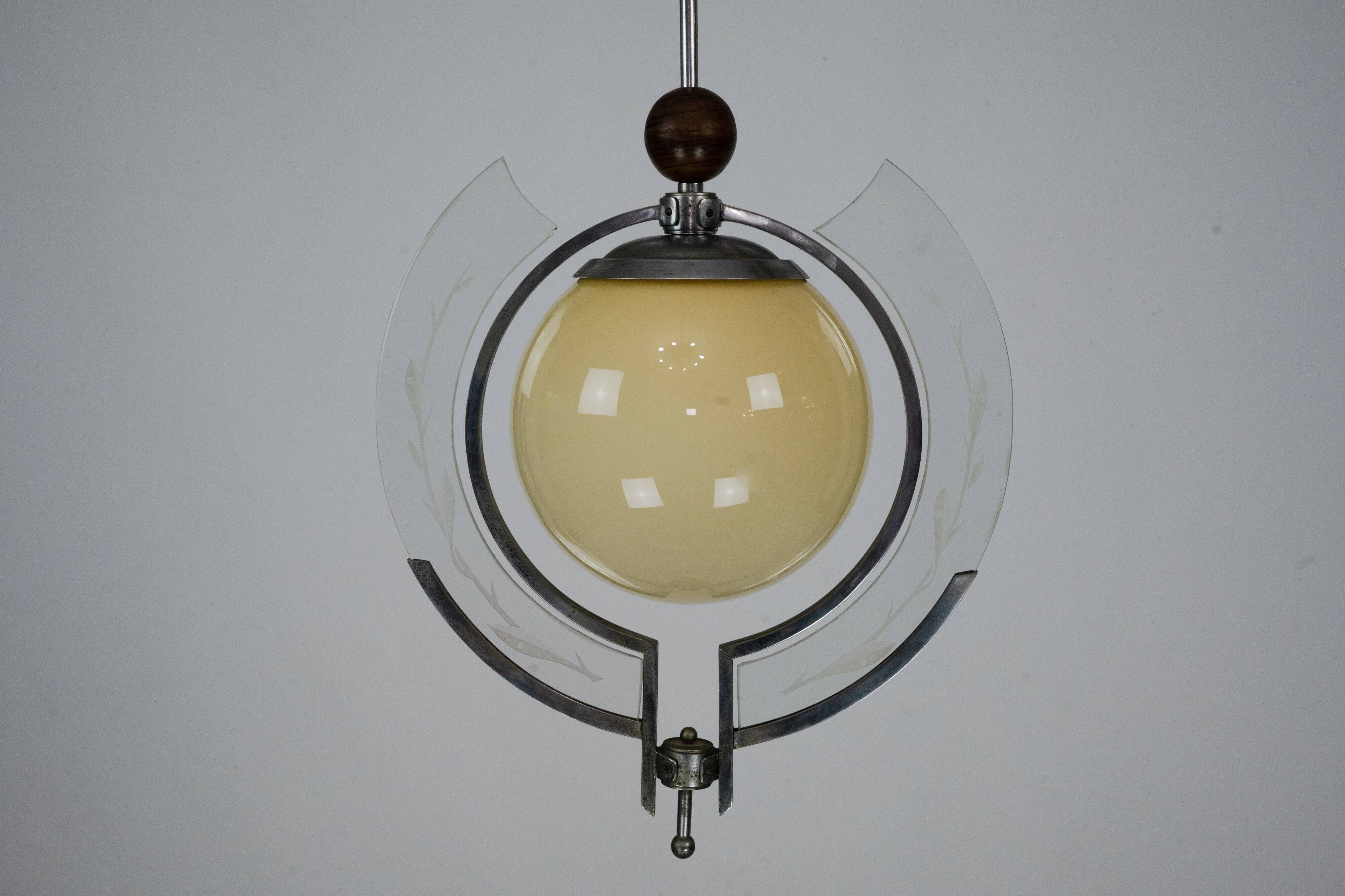 1930s Italian Art Deco Pendant Light with Etched Glass and Amber Globe