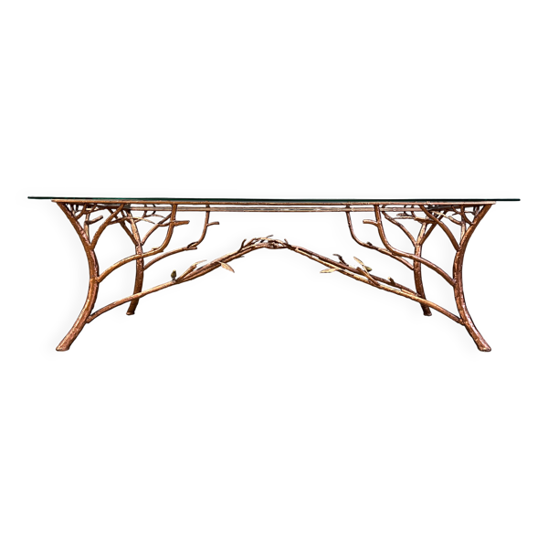 Table basse en fer forgé vintage fait main en forme de branches d'arbre, années 1970.