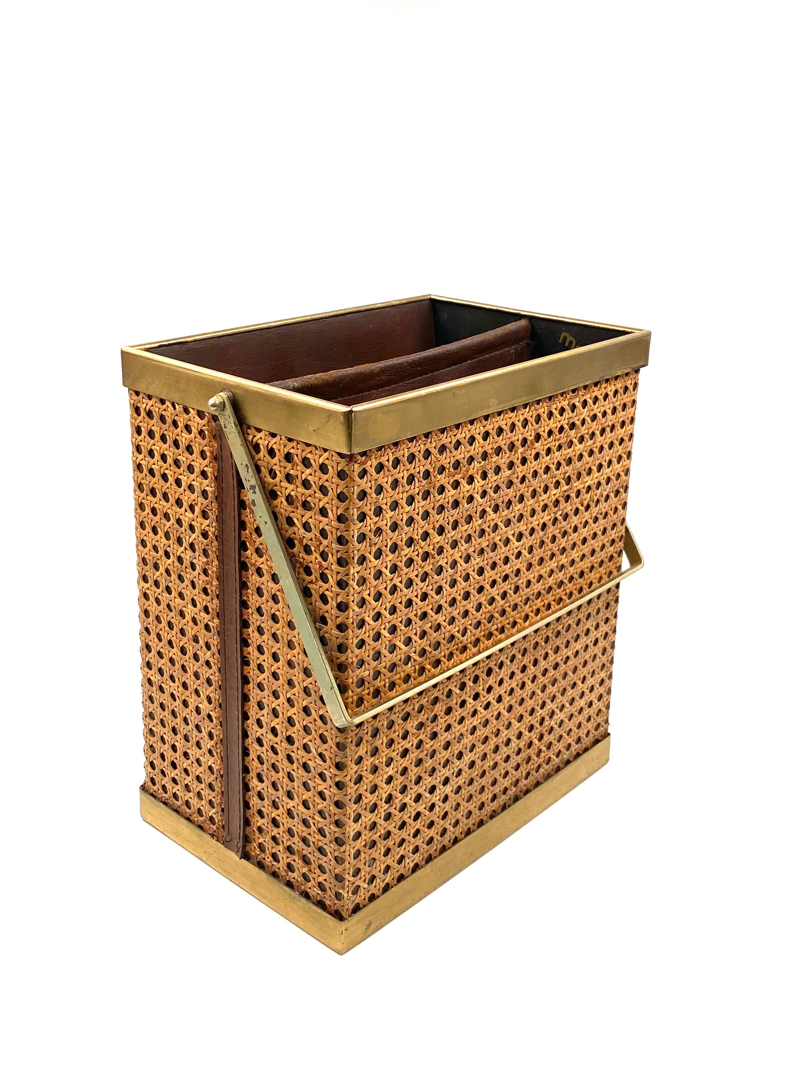 Hollywood regency brass and Vienna straw magazine rack,  Italy 1970