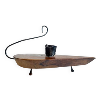 Brutalist olive wood and steel candle holder vintage