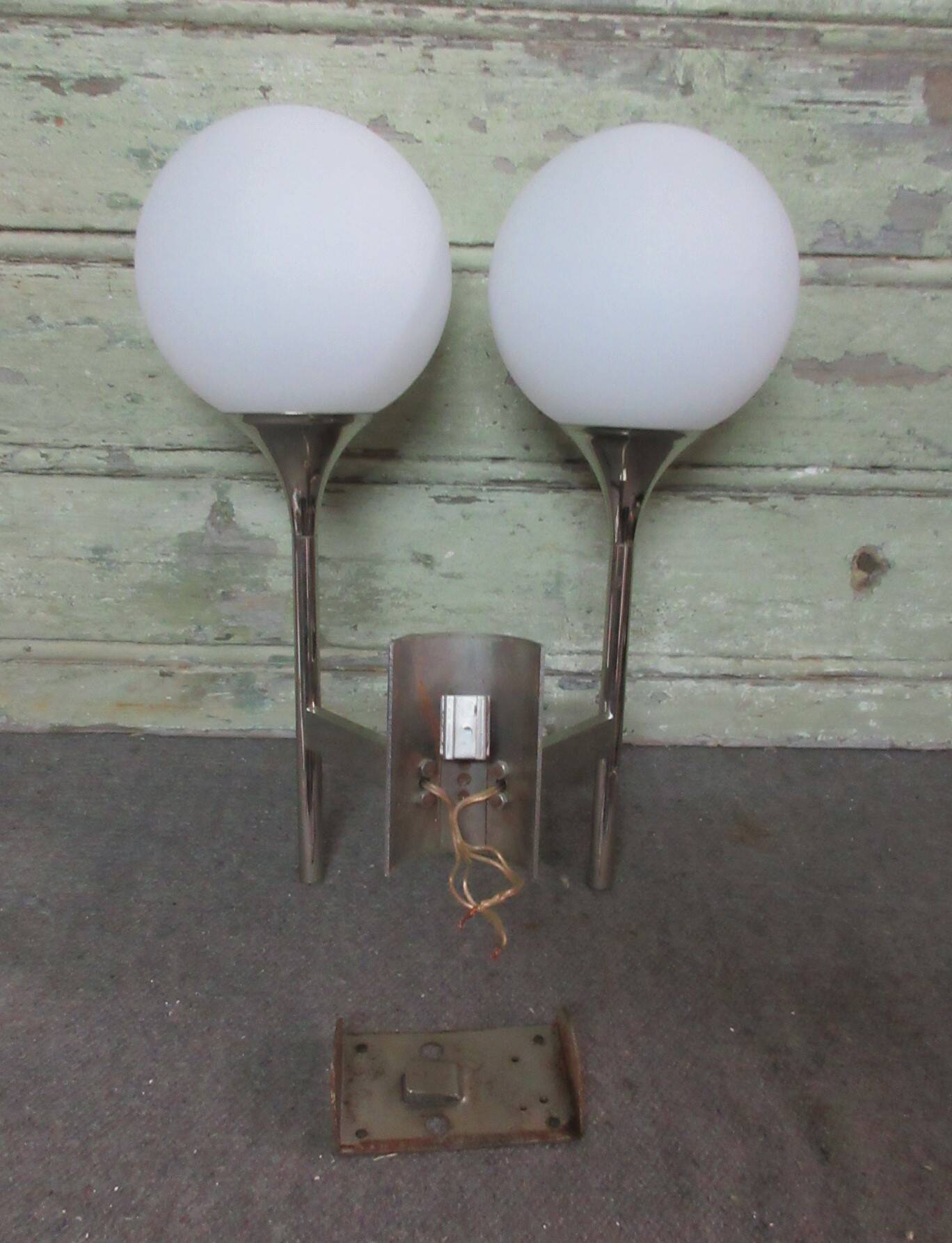 Sciolari double chrome wall light with white glass globe