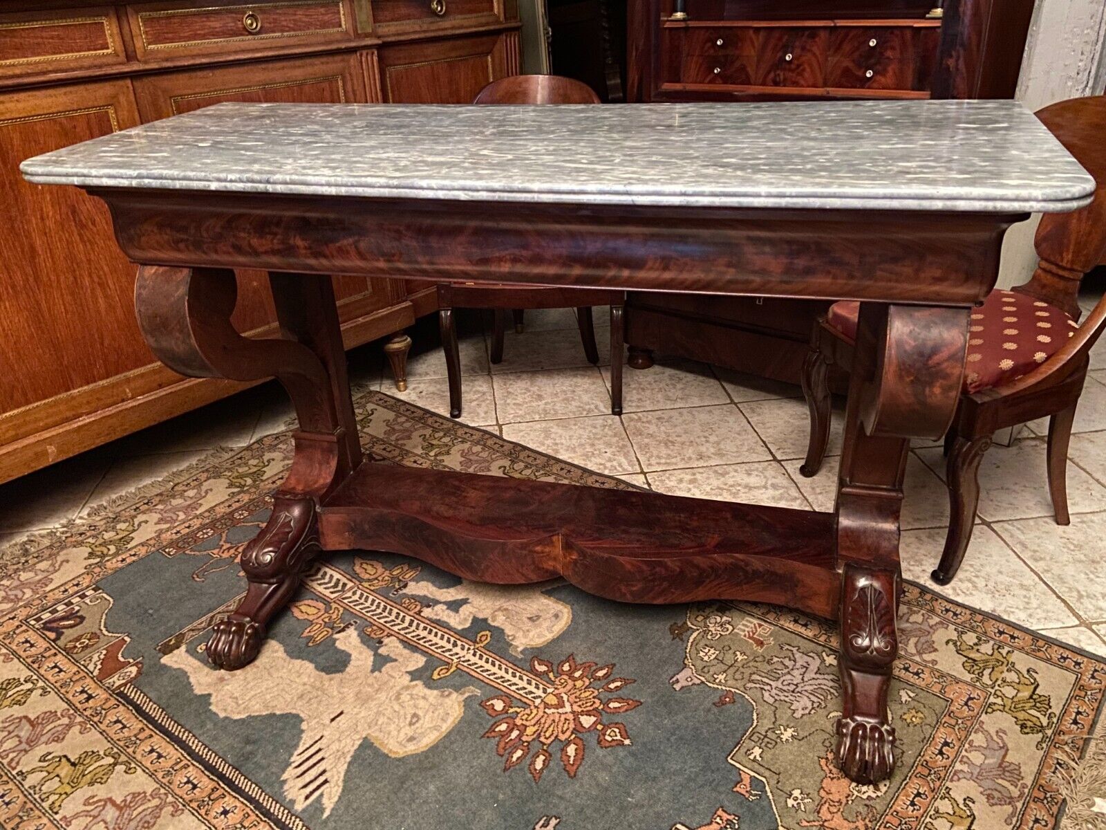 Console on legs claws to a drawer mahogany marble tray Restoration