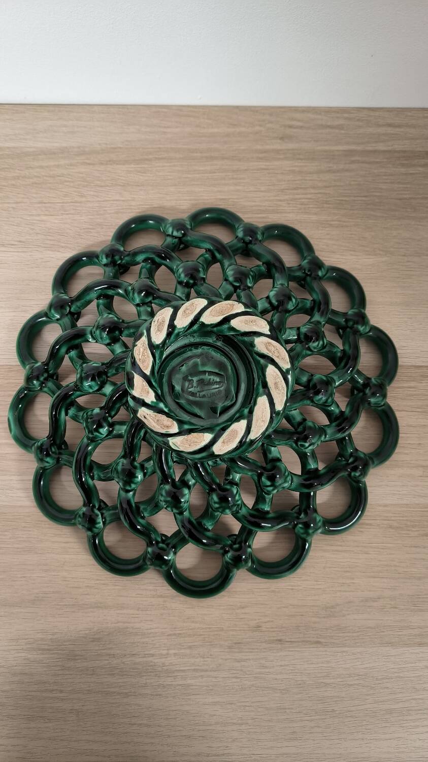 Antique woven fruit bowl in green Vallauris earthenware.