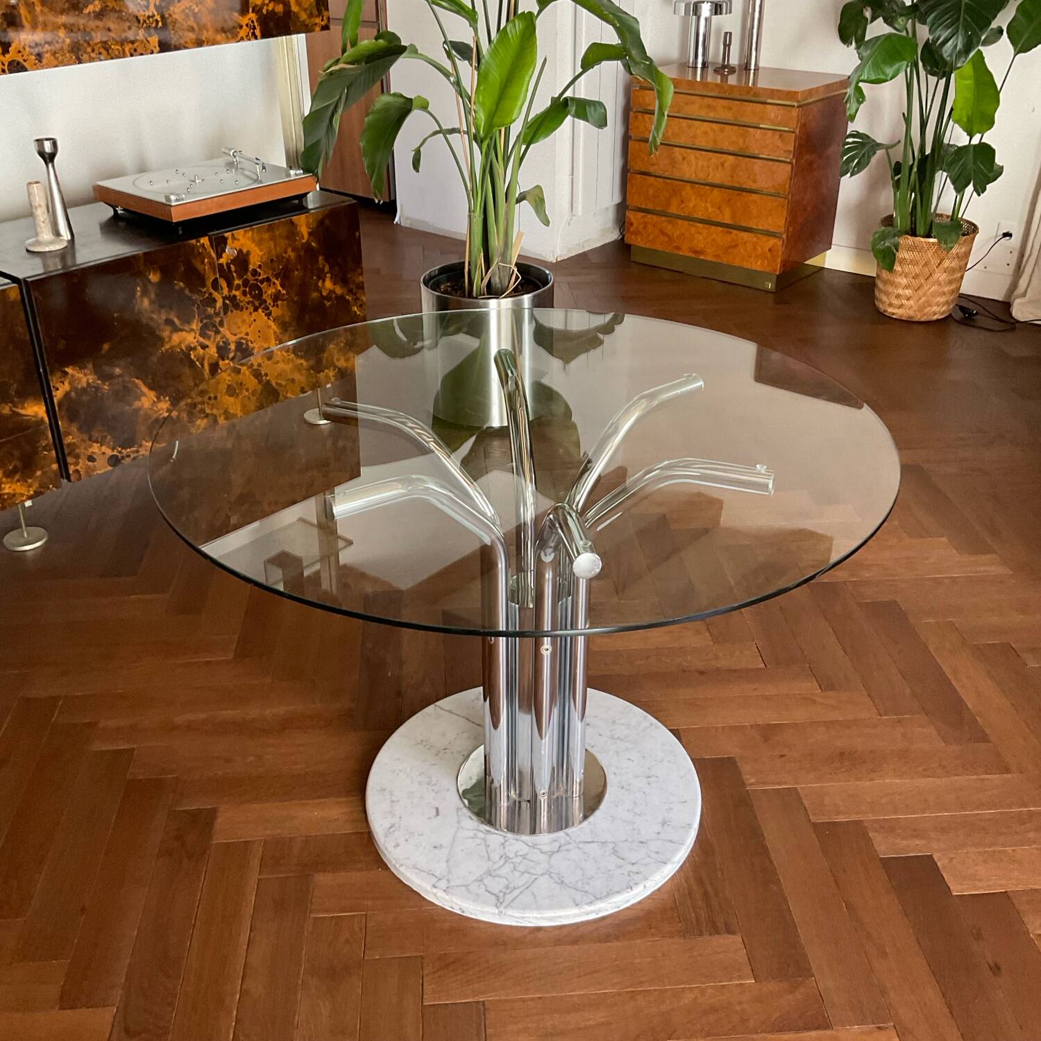 Dining table glass chrome and marble 1970s Italian vintage design