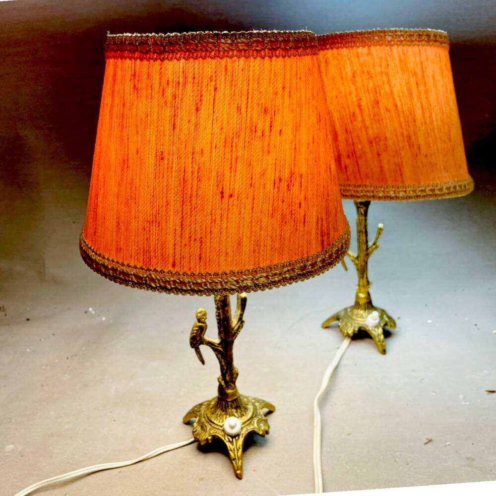 Pair rustic brass bird table lamps with pink lampshades