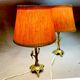 Pair rustic brass bird table lamps with pink lampshades