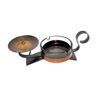 Ashtray and vintage candle holder ferro culor in wrought iron and copper metal 1970