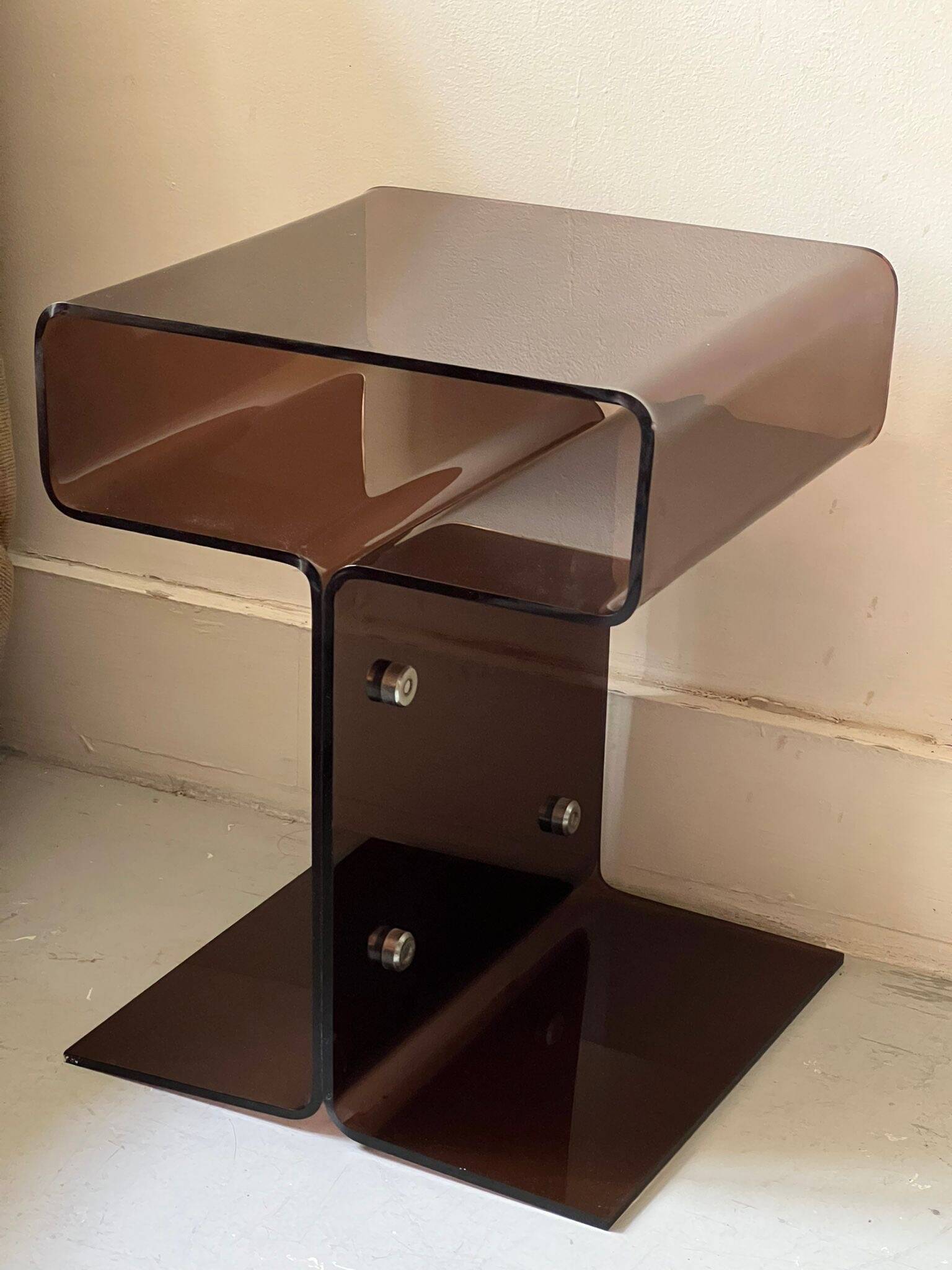 Smoked plexiglass side table/bedside table, M. Dumas for Roche Bobois 1970