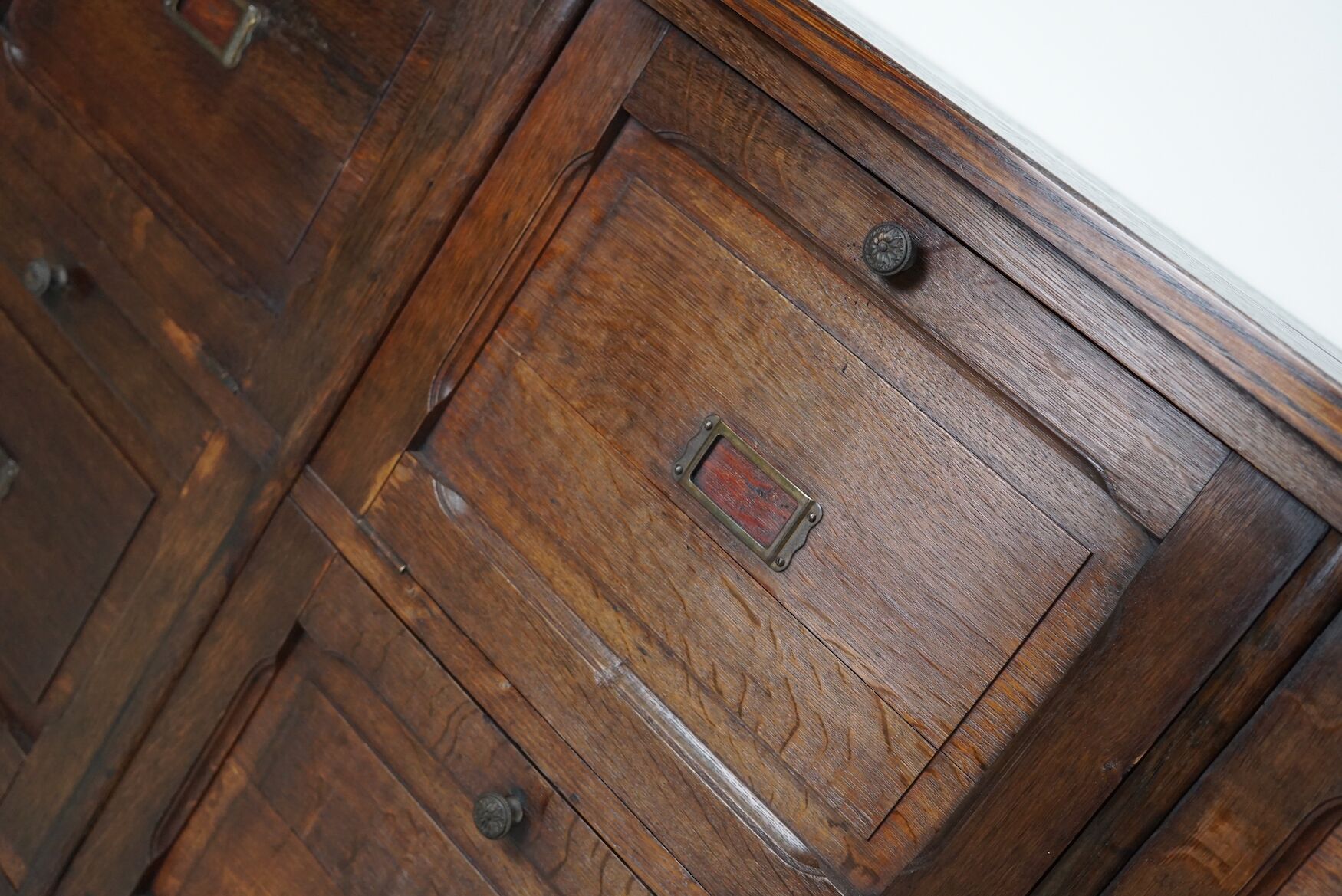 Antique french oak apothecary / filing cabinet folding doors, late 19th century
