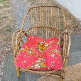 4 armchairs and a coffee table made of rattan and bamboo wood, vintage.