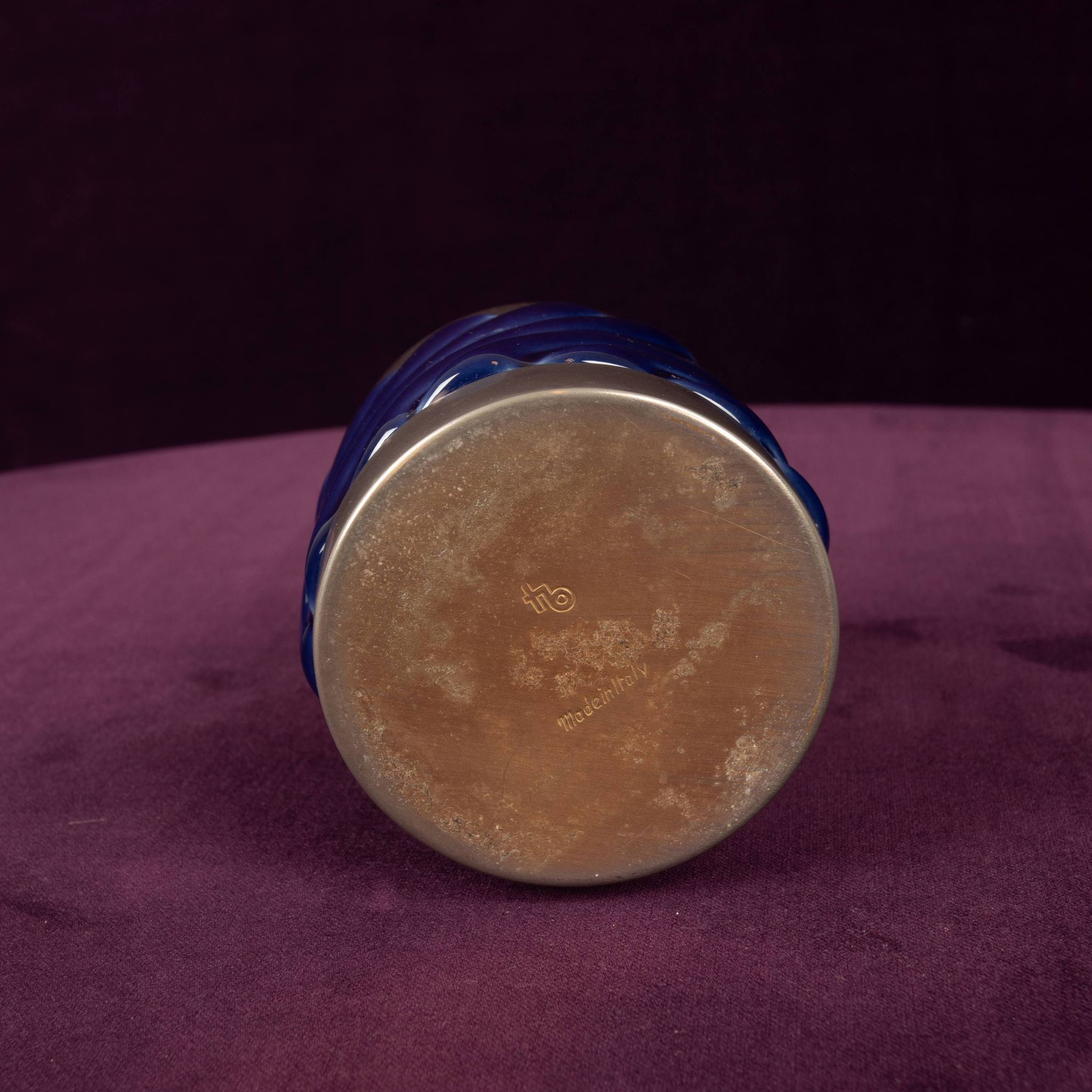 Tommaso Barbi Blue Glazed Ceramic and Brass-Toned Metal Table Lighter, 1970