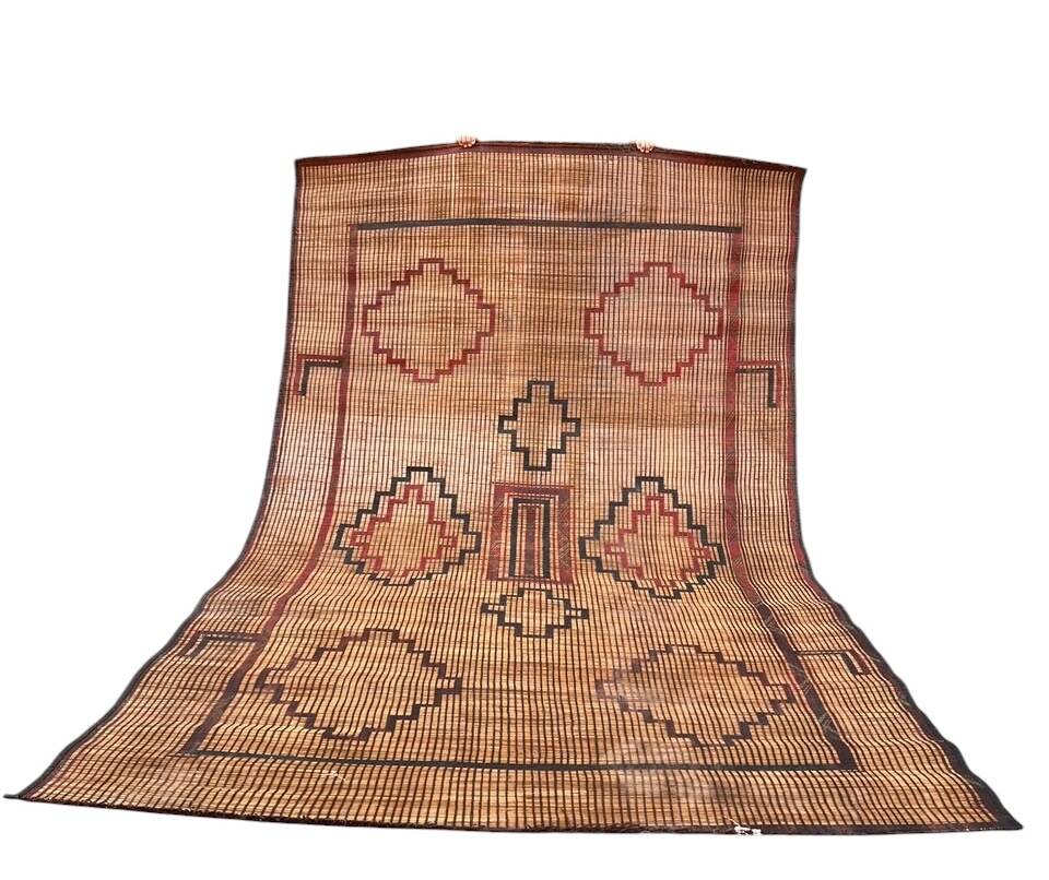 Vintage leather and reed Tuareg mat