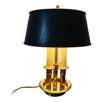 Lampe bouillotte en bronze doré style Empire, abat-jour métal vert 3 feux