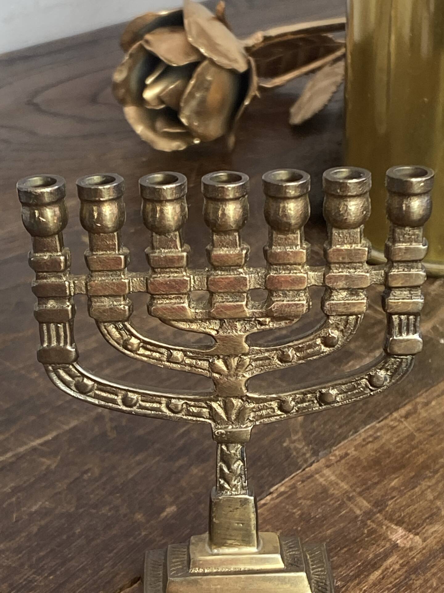 Chandelier, seven-branched menorah, in brass.