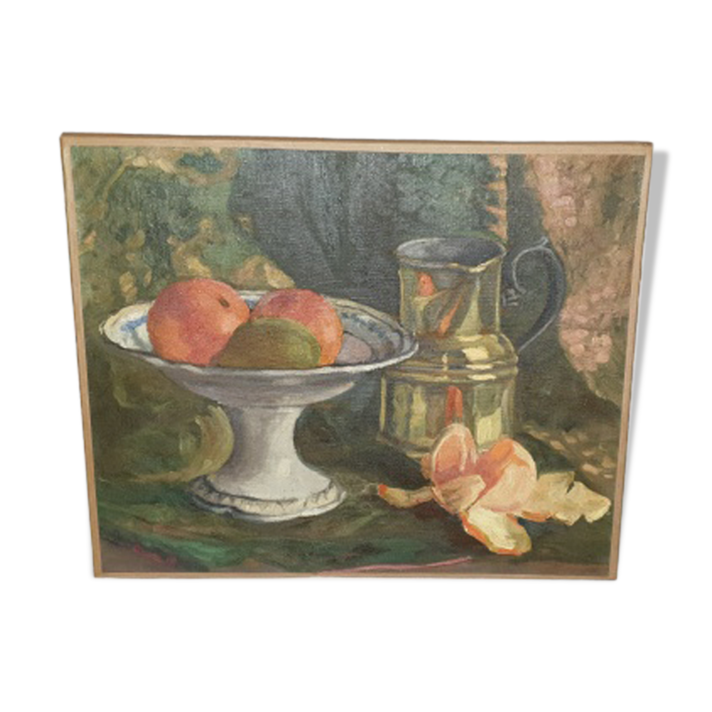 Ancient painting oil on impressionist canvas still life with oranges - signed mr. baron