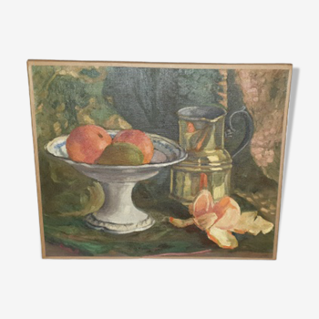 Tableau ancien huile sur toile impressionniste nature morte aux oranges - signée m.baron