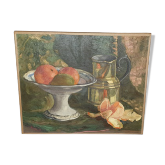 Ancient painting oil on impressionist canvas still life with oranges - signed mr. baron
