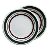 Duo of dessert plates with green and burgundy red border