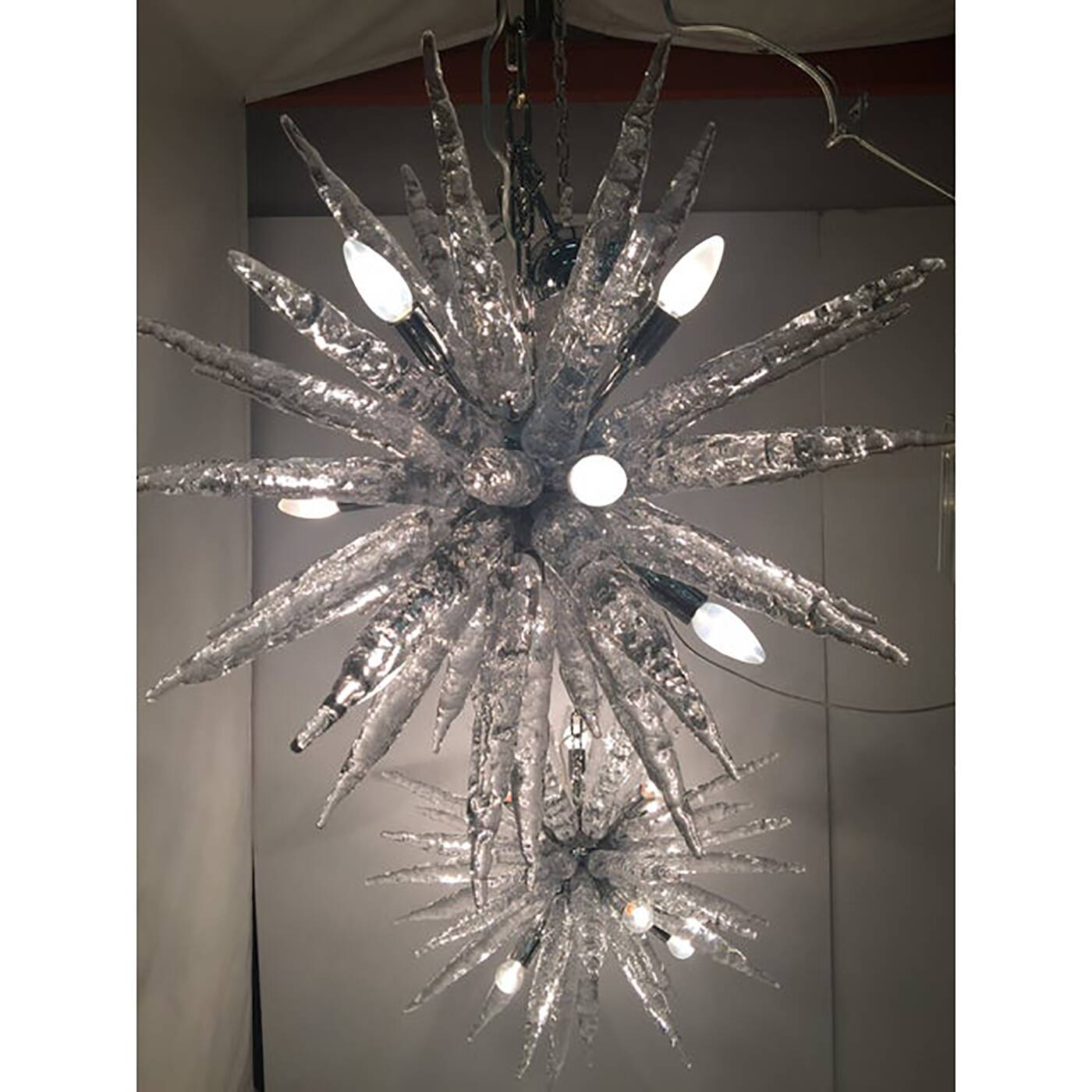 Set of 2 Murano Glass Ice Clear Sputnik Italian Chandelier