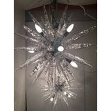 Set of 2 Murano Glass Ice Clear Sputnik Italian Chandelier