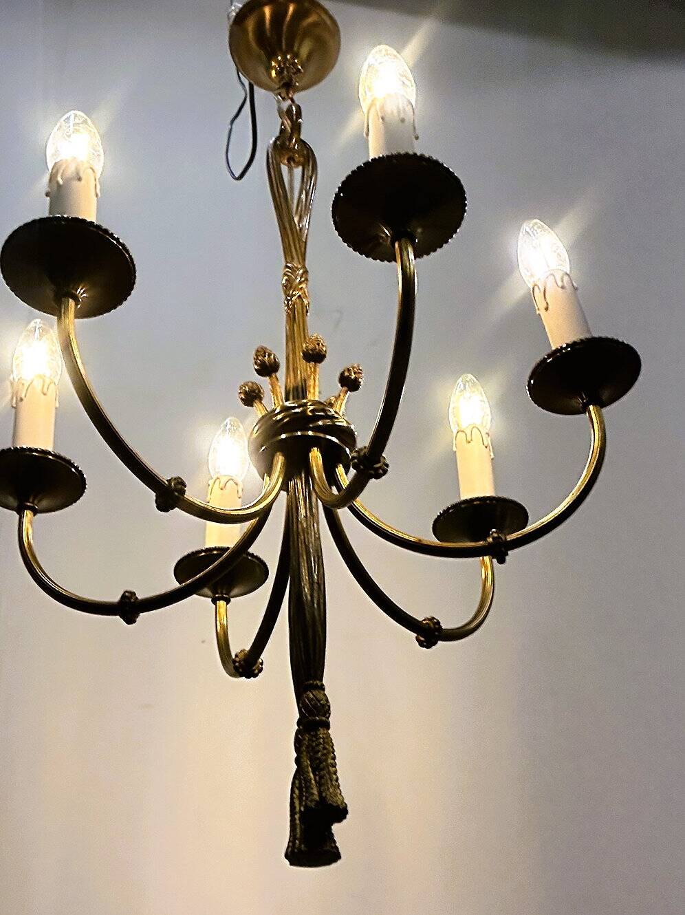 Vintage brass rope & tassel chandelier with 6 lights, France, 1950s