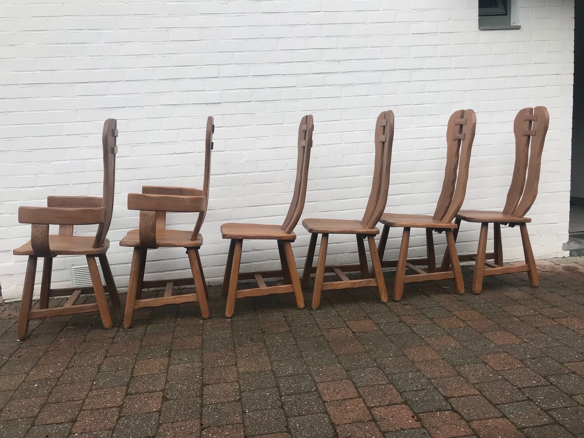 rare set of 6 brutalist chairs in solid oak house De PUYDT 1960 Belgium