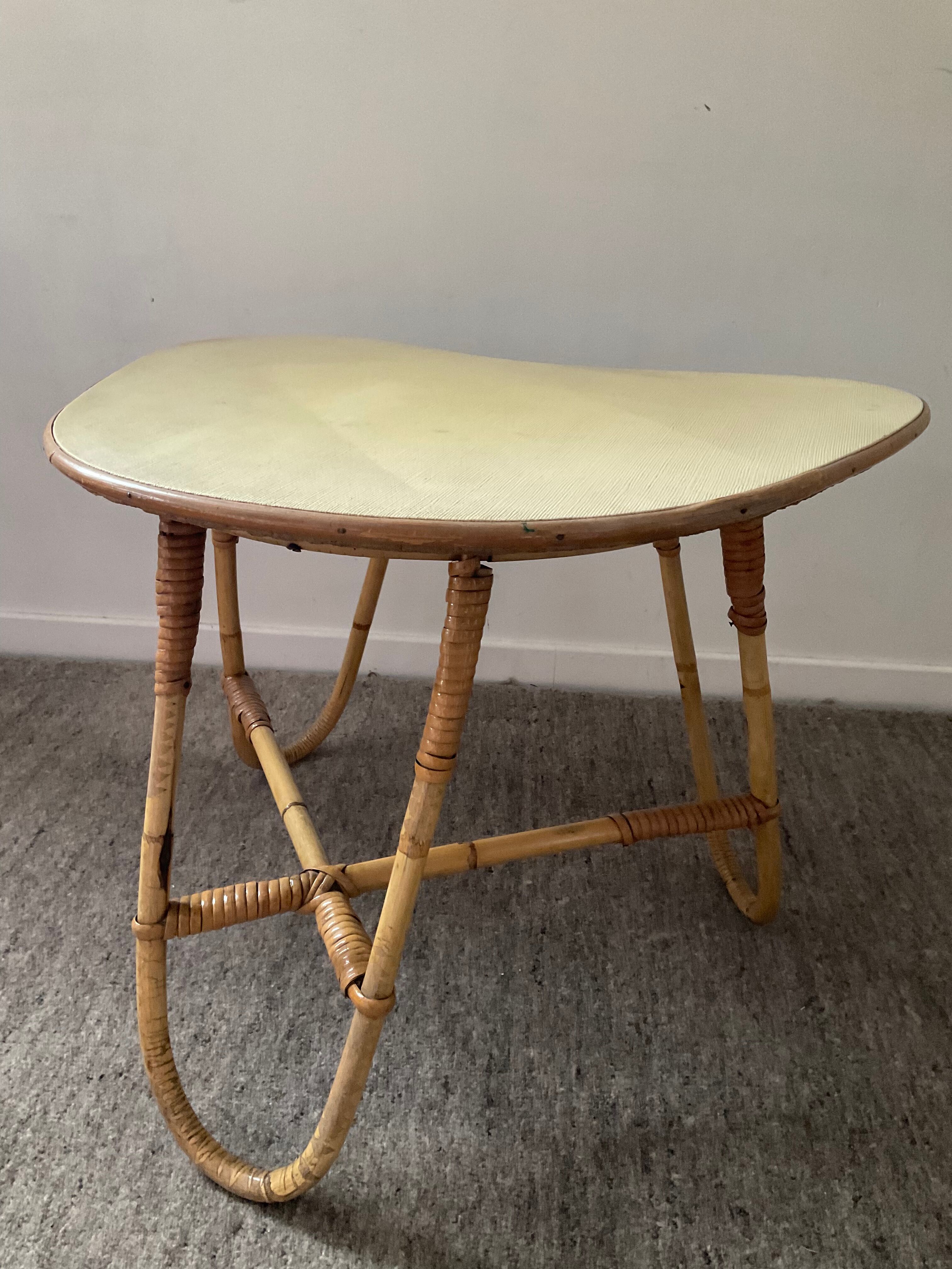 Asymmetrical rattan coffee table tripod foot, 60s