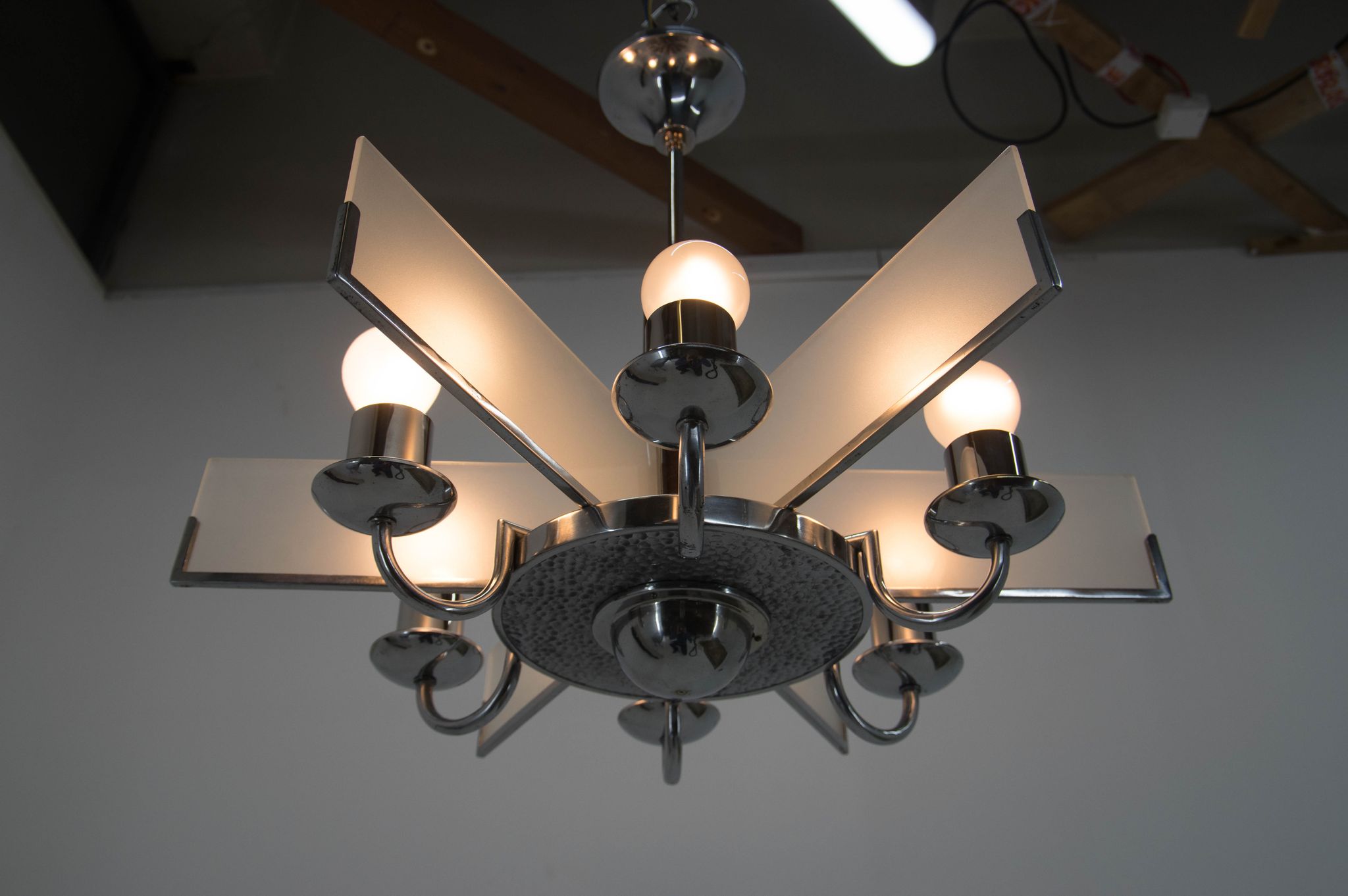 Art Deco Chandelier Made of Chrome, Wood and Sandblasted Glass, 1940s