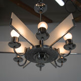 Art Deco Chandelier Made of Chrome, Wood and Sandblasted Glass, 1940s