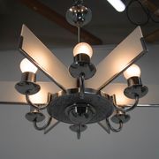 Art Deco Chandelier Made of Chrome, Wood and Sandblasted Glass, 1940s