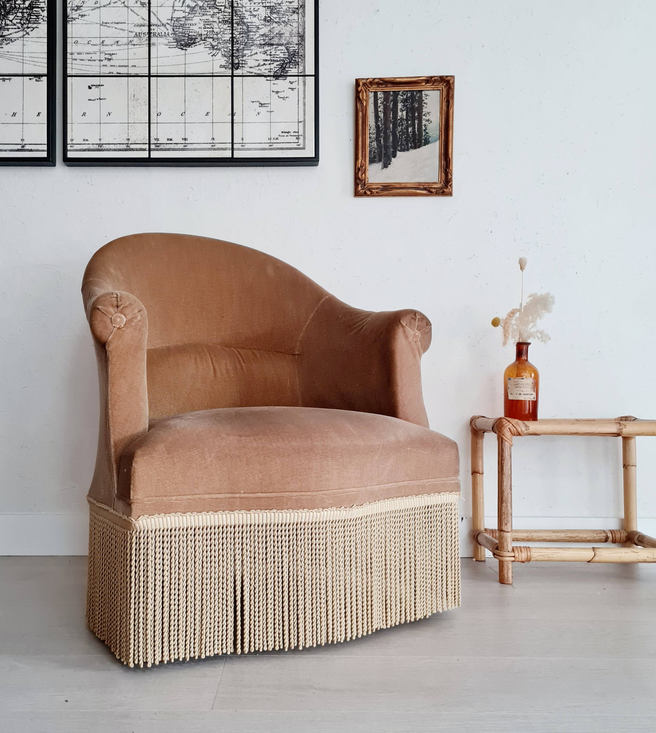 Fauteuil crapaud velours beige doré