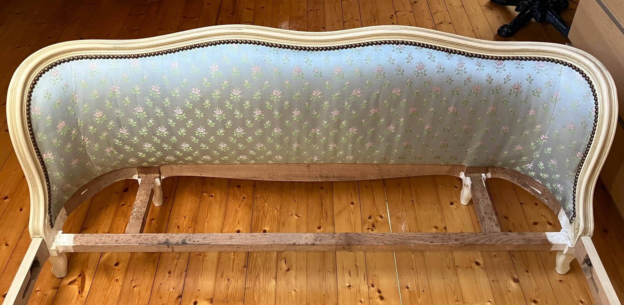 Louis XV style basket bed, embroidered satin, “cracked ivory” finish wood, 1950s