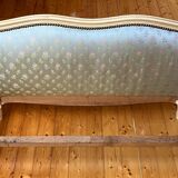 Louis XV style basket bed, embroidered satin, “cracked ivory” finish wood, 1950s