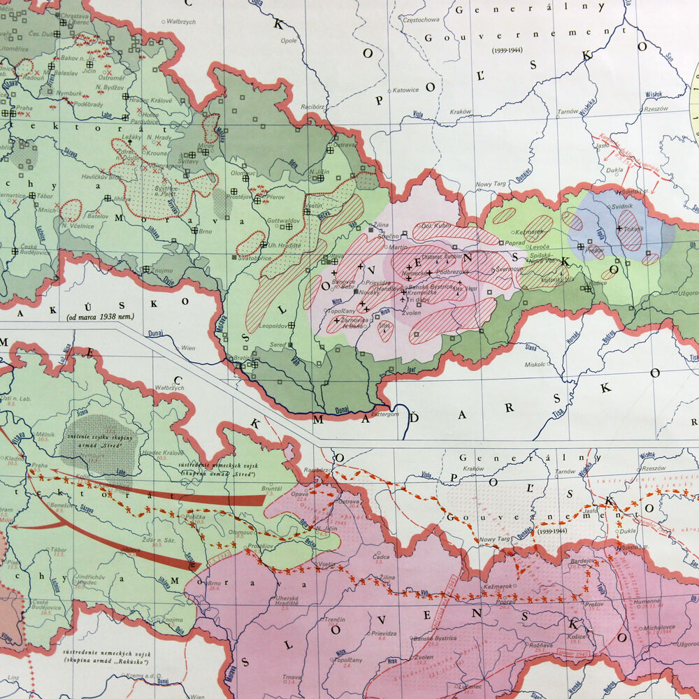 Vintage School Map Of Czechoslovakia In 1939 1945, 1960s