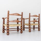 Set of Oak and Rush Bobbin Armchairs Charles Dudouyt style , 1940s